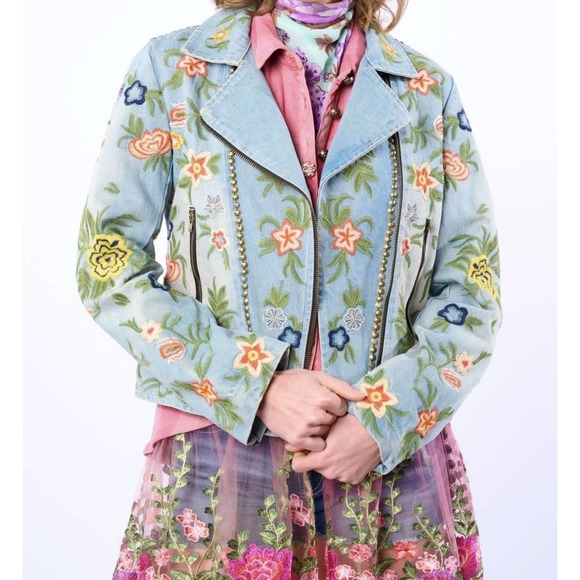 Aratta | Women's Fashion Jackets & Blazers - Aratta Lucinda Embroidered Denim Motorcycle Jacket Boho Festival Victorian